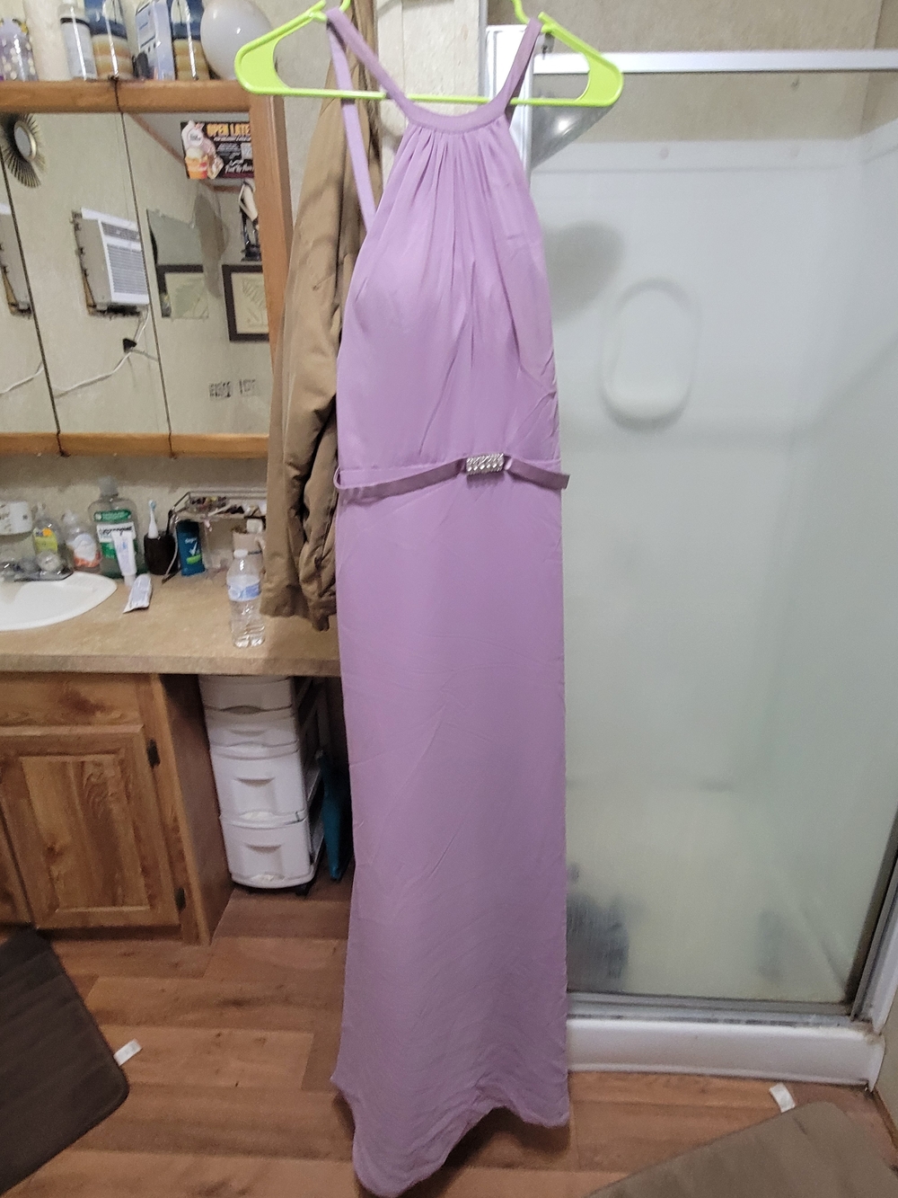 Sleeveless Lavender Halter Evening Dress with Belt Detail